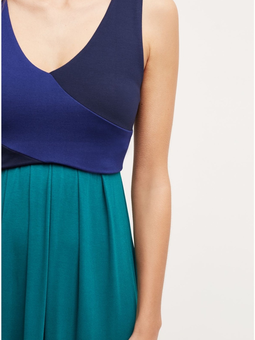 Anthropology Maeve Two-Tone V-Neck Maxi Dress in Navy and Teal